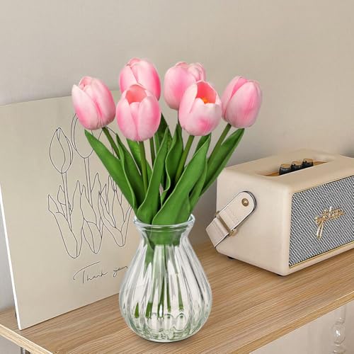 Artificial Tulips Flowers in Glass Vase - 6 Pcs Faux Flowers in Vase with Faux Water 12.5" Fake Tulips Bouquet Floral Arrangement Centerpiece for Dining Table Home Wedding Office Decor, Peach Pink - color: Peach Pink