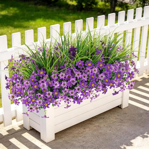 Artificial Flowers,14 Bundles UV Resistant Fake Flowers Daisy with Greenery Plants Wheat grass,Faux Outdoor Flowers for Spring Summer Decoration, Outdoor Faux Plants Home Window Porch Patio Yard - color: Purple