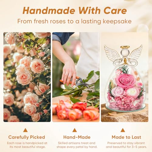 Preserved Rose in Glass Angel Figurine, Mothers Day Gifts for Mom/Wife/Grandma, Forever Flowers Rose Anniversary, Graduation or Birthday Gifts for Women Her - color: Pink