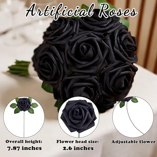 16 Pcs Black Roses Artificial Flowers | Foam Roses with Stems, Black Flowers for DIY Gothic Decor, Halloween Arrangements, Home Accents - color: Black