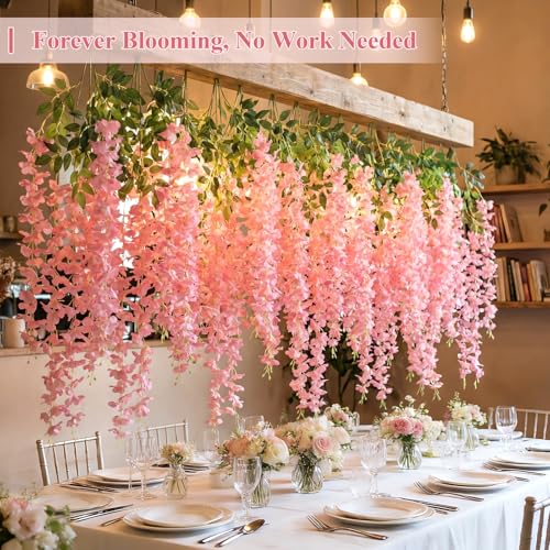 U'Artlines 24 Pack (Total 86.4 Feet) Artificial Fake Wisteria Vine Rattan Hanging Garland Silk Flowers String Home Party Wedding Decor (24, Fuchsia) - color: Fuchsia