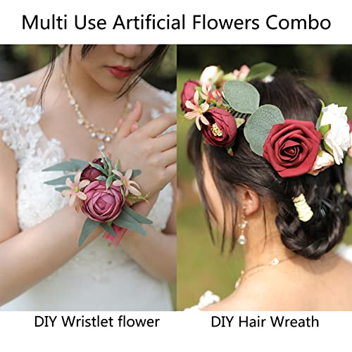 YYHUAWU Artificial Flowers Combo Set Fake Flower Leaf Box with Stems for DIY Wedding Bouquets Centerpieces Flower Arrangements Decorations Baby Shower Party Home Decorations (Burgundy) - color: Burgundy