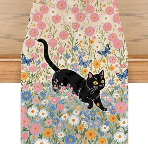 Black Cat Spring Table Runners Floral Spring Table Runner for Home Pink Daisy Party Decorations for Home Office Kitchen Living Room Farmhouse Apartment13 x 72 Inch - color: Black Cat 02