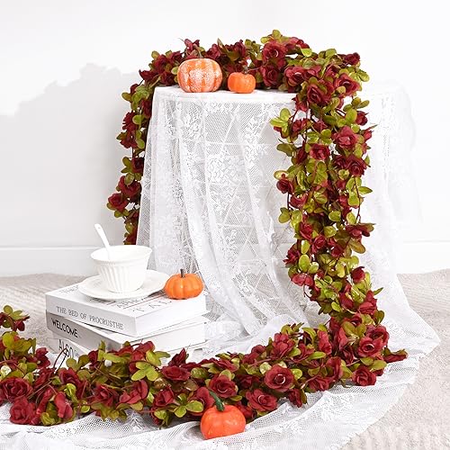 BLEUM CADE 12Pcs 98.4Ft Flowers Garland Artificial Rose Vines for Bedroom, Cute Fake Hanging Flower Vines Floral Garland Decorations for Wedding Party Wall Room Decor Aesthetic - color: Burgundy Red, size: 12 Pcs