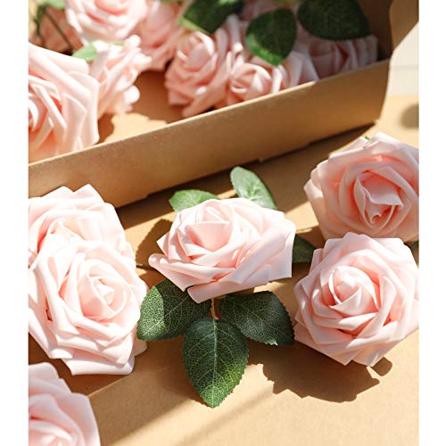 AmyHomie Artificial Flower Blush Pink Rose 25pcs Real Looking Fake Roses w/Stem for DIY Wedding Bouquets Centerpieces Arrangements Party Baby Shower Valentines Day Christmas Tree Decorations - color: Blush Pink