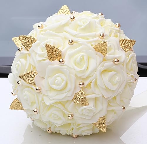 Handmade Wedding Bouquet Artificial PE Rose Bridal Bridesmaid Bouquet with Soft Ribbons Wedding Hand Holding Bouquet Artificial Fake Flowers Toss Bouquet(A-Ivory, 9.1"/23cm) - color: A-ivory, size: 9.1"/23cm