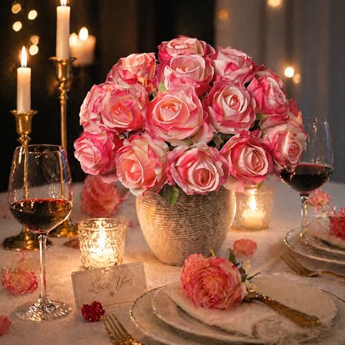 Ivydale 18pcs Coral Roses Artificial Flowers, Fake Roses Silk Flowers with Stems Realistic Bouquet for Mother's Day Wedding Party Home Decoration DIY Centerpiece Floral Romantic Gifts - color: Rose-coral