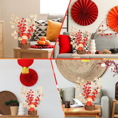 Chinese New Year Bonsai Decoration Artificial Red Berries Gold Leaves Wealth God Blessing Potted Lucky Tree Crafts Chinese Spring Festival Ornaments for Home Office Table Decor Housewarming Gift - color: Red New Year-3