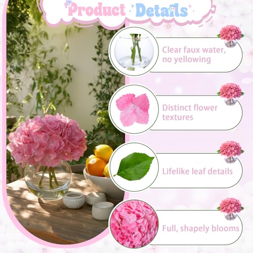 Deep Pink Artificial Hydrangea Flowers in Glass Vase with Faux Water, 3 Stems Lifelike Fake Floral Arrangement, UV-Resistant Odorless Centerpieces for Dining Table Home Office Decor (7.9") - color: Deep Pink Hydrangea