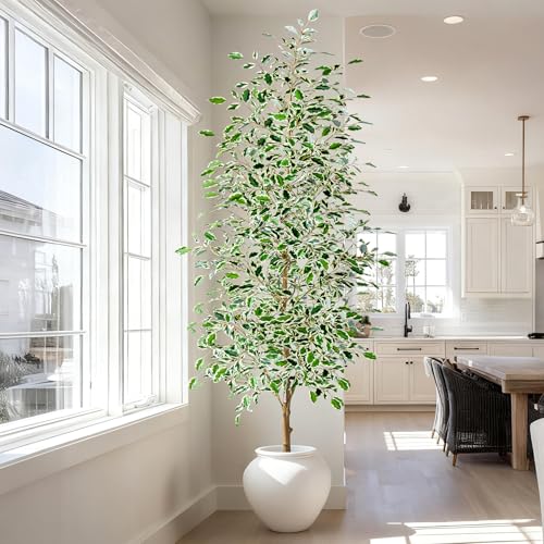 Bailikang 8FT Artificial Ficus Trees Indoor Faux Trees Indoor Fake Floor Plants Tall Artificial Tree with White Pot Faux Tree Fake Indoor Tree Silk Plants Artificial Trees for Home Decor Indoor - color: White Leaf With White Pot, size: 8ft