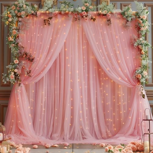 10ft x 10ft Dusty Rose Backdrop Curtain with Lights String for Parties, Sheer Tulle Wedding Photo Backdrops Drapes for Baby Shower Birthday Party Decorations Background for Photography - color: Dusty Rose, size: W5' x H10'(2 panels)