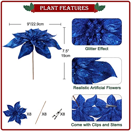 Briful 9'' Christmas Poinsettia Flowers 8PCS Blue Glitter Artificial Flowers Large Christmas Ornament Flowers for Xmas Tree Wreath Garland Decoration - color: Blue