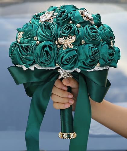 Sharebeauty 7.1" Handmade Satin Rose Bridal Bouquet Toss Round Wedding Bouquet Throw Toss Artificial Flower Bunch Dark Green - color: 809a Dark Green, size: 7.1"/18cm