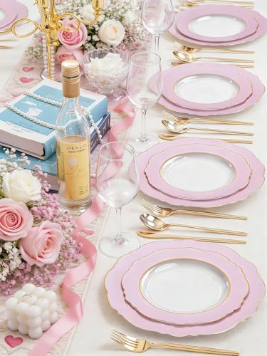 WDF 60Pcs Pink Plates Disposable with Gold Rim - Baroque Clear Pink and Gold Plastic Party Plates Ideal for Wedding/Baby Shower/Spring - color: Clear Pink with Gold Rim, size: 60PCS