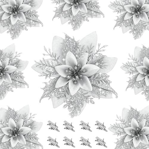 16Pcs Silver Poinsettia Flowers Artificial Christmas Flowers Decorations with Clips, Glitter Poinsettia Christmas Decorations for Xmas Tree Ornaments Winter Party Wreath Decor - size: 16PC Silver Poinsettia