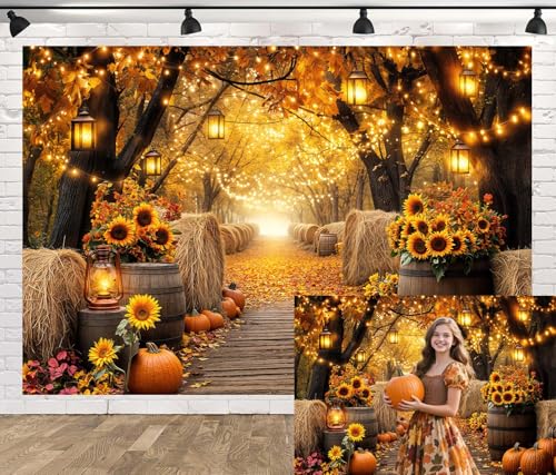 Fall Photo Backdrop, Autumn Forest Scenery Maple Leaves Pumpkins Sunflowers Photography Background, Fall Farm Harvest Thanksgiving Day Friendsgiving Party Decorations Photo Booth 5X3FT - color: Orange, size: 5X3FT