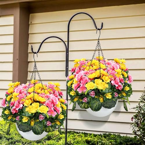 Set of 2 Artificial Flowers with Hanging Baskets, Pre-Assembled Silk Fake Flower Large Look Real UV Resistant for Outdoor Indoor Balcony Garden Porch Yard Home Decor, Yellow Pink - color: Yellow Pink