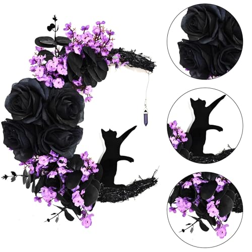 Halloween Wreaths for Front Door, Flower Moon Cat Halloween Home Decoration, Family Gathering Decoration Wreath，Outdoor, Wall, Closet, Fence, Wreath Christmas (Moon Cat - Purple) - color: Moon Cat - Purple