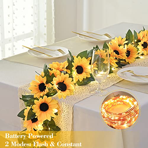 4 Pack Artificial Sunflower Garland Decor with Lights, Sunflower Vines Hanging Flowers Garland with Green Leaves, Fake Yellow Flower Vines Room Wedding Party Decoration(4 Pack) - color: Yellow With Lights, size: 4 Pc
