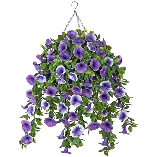 Artificial Morning Glory Flowers with Hanging Basket - Faux Morning Glory Vines UV Resistant Plastic Fake Flowers with Basket Plants for Home Porch Patio Balcony Garden Yard Spring Decor Purple - color: Purple, size: 23.6"