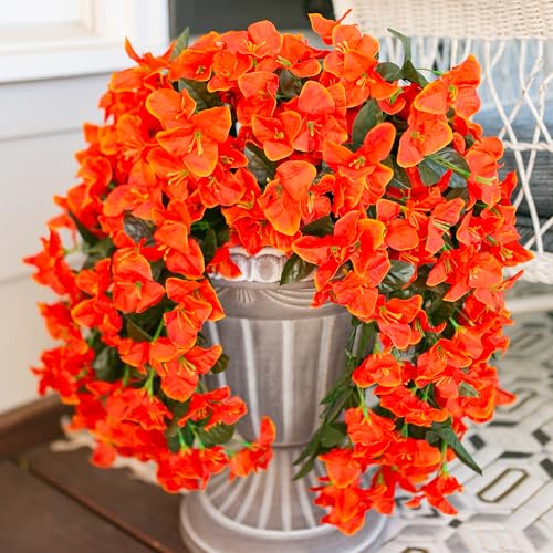 Bougainvillea Artificial Hanging Flowers Plants for Outdoors Fall Autumn Decor, 2pcs Fake Flowers Silk Bougainvillea Vines Realistic UV Resistant Faux Flowers for Outdoor Planters Porch Patio Gardens - color: Orange
