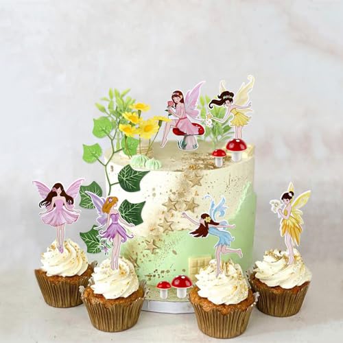 28PCS Fairy Cake Toppers Mini Flowers Red Mushroom Artificial Leaves Cake Decorations for Fairy Flower Theme Baby Girls Birthday Party Decorations Supplies - color: Colorful
