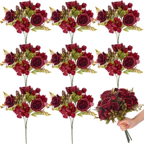Yunsailing 8 Packs Artificial Peony Flowers Faux Silk Hydrangea Bouquet Vintage Wedding Home Table for Door Decor Reusable Bouquet of Rose Flowers for Valentine Wedding Birthday Party(Claret) - color: Claret, style: Hydrangea