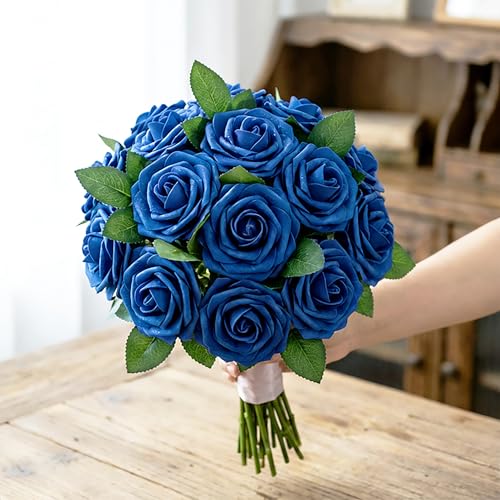 30pcs Real Looking Royal Blue Foam Artificial Roses with Stems, Fake Rose Flowers for DIY Wedding Bouquets Bridal Shower Centerpieces Home Party Valentine's Day Mother's Day Decor Gift - color: 30pcs Royal Blue