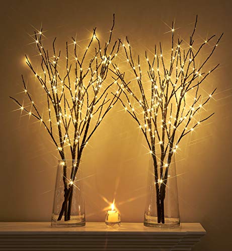 Hairui Lighted Twig Brown Branch with Fairy Lights 32in 150 LED Plug in Lighted Willow Branch for Christmas Wedding Party Decoration 2 Sets (Vase Excluded) - style: Brown+Warm White 2set