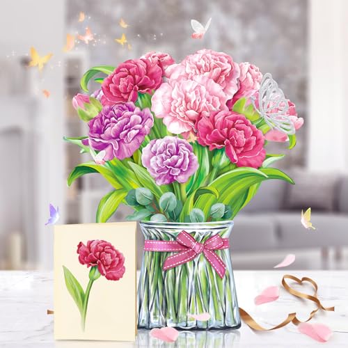 Airpark Pop Up Flower Bouquet Card for Women, 3D Floral Greeting Card with Envelope and Note, Birthday Thank You Thinking of You Get Well Gift for Mom Friend Wife Teacher, Carnation - style: Carnations