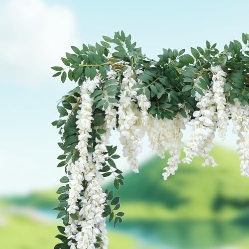 1pc/2pcs Encrypted Flower Vine Wisteria Artificial Flowers Garland,White Wisteria Hanging Flowers Flower Garland Decorations for Home Garden Outdoor Ceremony Wedding Arch Decoration (White, 1pc) - color: White, size: 1pc