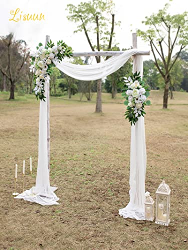 Lisuun Artificial Wedding Arch Flowers with Chiffon Runner, Pack of 3 | Includes 2 Flower Swags, 1 20ft Chiffon Runner and Zip Ties for Wedding Arches, Arbors and Backdrops - color: Pure White & Ivory White