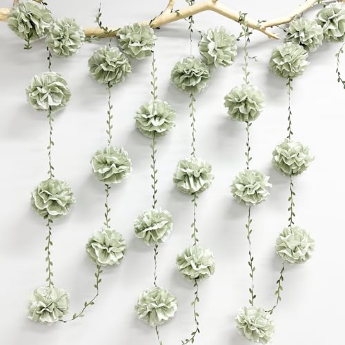 Sage Green Tissue Paper Flowers Pom Pom with Leaf Ribbon Dusty Green Hanging Garland Streamer for Birthday Baby Shower Wedding Engagement Woodland Safari Jungle Neutral Party Decorations Supplies - color: Dusty Green