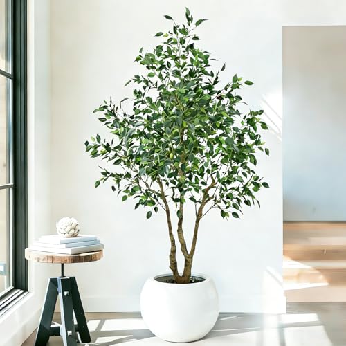 Artificial Ficus Tree 6.5ft - Tall Fake Indoor Tree with Lifelike Leaves and Realistic Trunks, 78 inch Faux Tropical Plant Artificial Floor Potted Trees for Home Living Room Office Porch Outdoor Decor