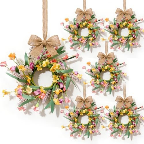6 Pcs Mini Yellow Flowers Hanging Wreaths for Cabinets Artificial Spring Small Candle Ring Wreaths with Pink Floral and Purple Lavender for for Home Kitchen Front Door Window Farmhouse Porch Wall - color: Colorful Forsythia