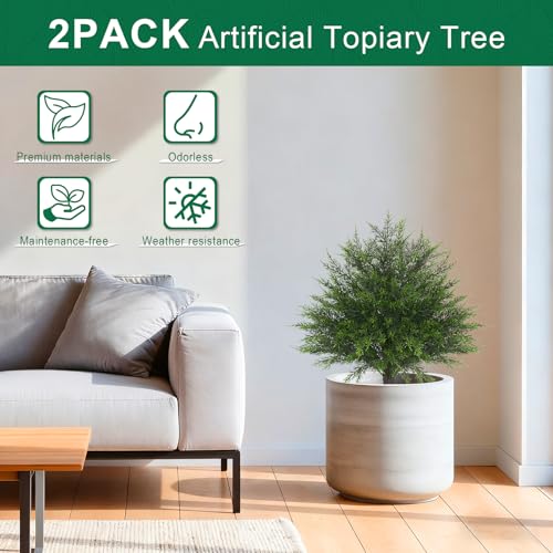2 Set of Artificial Cedar Topiary Ball Trees,16'' UV Resistant Artificial Shrubs with Ground Spike Fake Evergreen Plants for Outdoor Indoor Front Porch Garden - color: Cedar