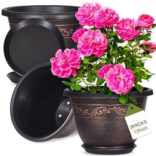 Plastic-Plant-Flower-Planters-12 Inch with Drainage Hole & Saucer, 3 Packs Lightweight Small Resin Flower Pot Indoor Outdoor, Retro Antique Imitation Decorative Garden Containers Sets for Houseplants - color: 3 Pack-12 Inch