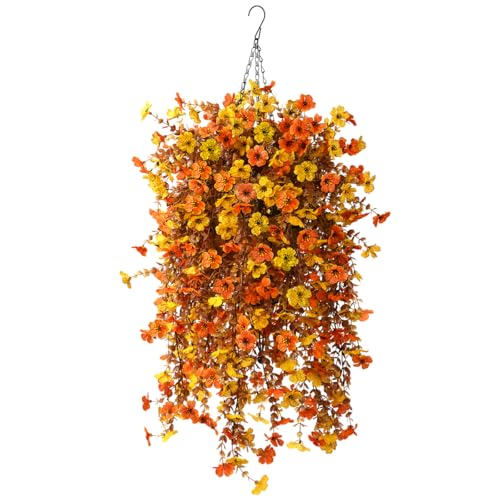 Homsunny Fall Artificial Fake Mums Hanging Flowers Plants Basket for Outdoor Autumn Decoration, Fake Silk Orange Planters UV Resistant Look Real for Home Patio Balcony Yard Porch Decor(Yellow Orange) - color: Orange Yellow