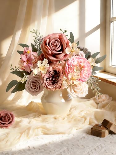 Dusty Rose Artificial Flowers Set - Fake Roses, Peonies, Silk Flowers with Stems for DIY Wedding Bouquets,Floral Arrangement,Table Centerpieces,Baby Shower, Home Decor - color: Garden Dusty Pink Rose