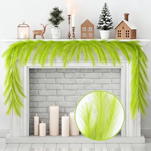 3 Pcs 18 Ft Christmas Tree Garland Decoration Lime Green Pampas Grass Garland Artificial Faux Fabric Feathers Wreath for Mantle Xmas Tree Home Farmhouse Christmas Holiday Party Supplies - color: Lemon Green, size: 18 Ft