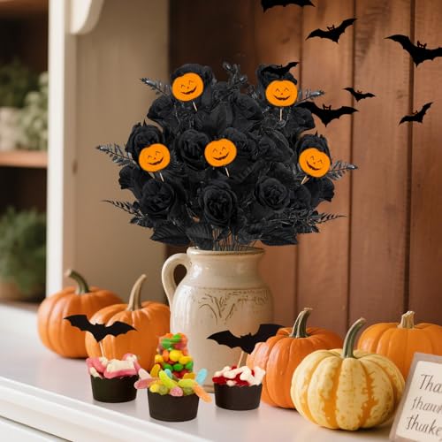 XONOR Artificial Rose Flowers - 4 Bouquets Realistic Fake Black Silk Roses for Halloween Party Fall Harvest Festival Home Centerpieces Decoration (Pack of 4, Black) - color: Black