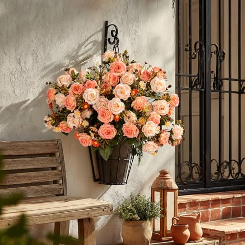 Artificial Rose Flowers for Outdoor 4 Bundles Rose Bouquet with Daisy Faux Flowers UV Resistant for Home Indoor Outside Garden Porch Window Box Balcony Yard Porch Fall Decor (Orange) - color: Orange