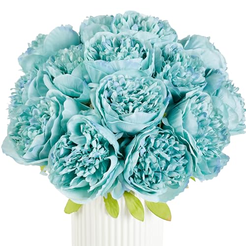 SITUMEIZI 10PCS Artificial Peony Flowers, Real Touch Fake Silk Bouquet with Stems for Home Mothers Day Wedding Party Centerpieces Table Decoration Indoor(Teal) - color: Teal