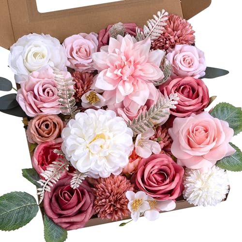 Dusty Pink Flowers Artificial Roses Combo Set Fake Pink Silk Flowers Faux Peony Flowers Mix Dahlia with Stems for Wedding Bouquets Baby Bridal Shower Party Floral Arrangements Decor - color: Dusty Pink, size: The Modern Classic