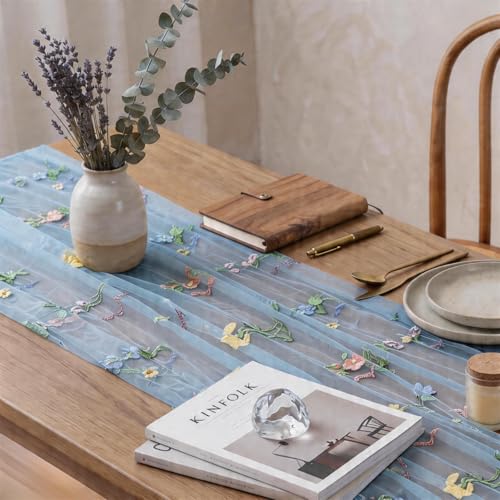 Blue Floral Table Runner 10ft Embroidery Tulle Spring Wildflower Table Runner Seasonal Summer Butterfly Kitchen Dining Gauze Decoration for Baby Shower Wedding Party Birthday (1 Pcs) - color: Blue