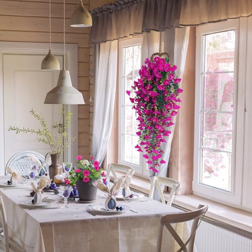 SJL Artificial Flowers for Outdoors Hanging Planters for Outdoor Plants Realistic Morning Glory Silk Flowers with Stems Artificial Eucalyptus Stems for Spring Balcony Backyard Kitchen Decor(Fuchsia) - color: Hanging Fuchsia