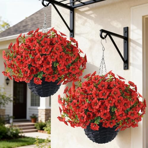 VIERENA 2 Sets Artificial Morning Glory and Eucalyptus Hanging Basket for Outdoor, UV-Resistant Fake Flower Hanging Basket, Suitable for Porch, Aisle, Garden, Patio, Eaves Decor (Red) - color: Red