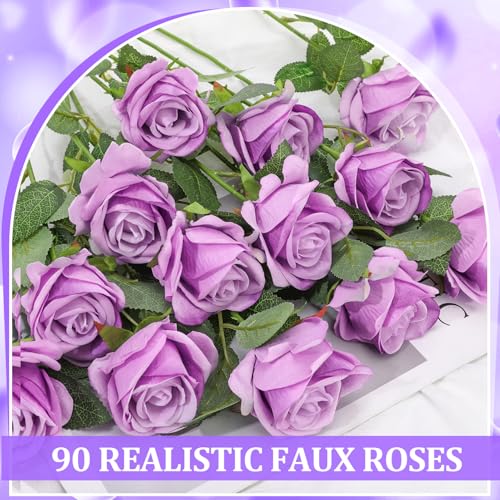90 Pcs Purple Velvet Rose Artificial Flowers with Long Stems, Fake Silk Roses Real Touch Fake Roses Florals for Birthday Wedding Bouquet Party Arrangement Decorations - color: Purple