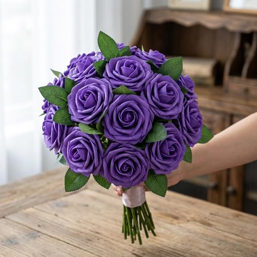 30pcs Real Looking Purple Foam Artificial Roses with Stems, Fake Rose Flowers for DIY Wedding Bouquets Bridal Shower Centerpieces Home Party Tables Valentine's Day Mother's Day Decor Gift - color: 30pcs Purple