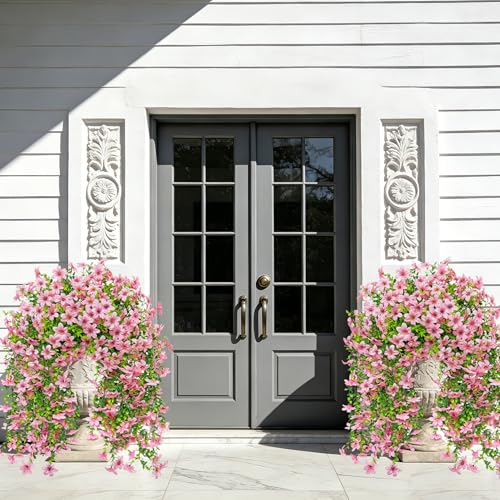 Roberly 4 Pcs Artificial Hanging Flowers for Outdoors, Realistic Faux Silk Flowers UV Resistant Fake Greenery Plants for Spring Summer Garden Porch Indoor Outdoor Home Decor, Pink - color: Pink